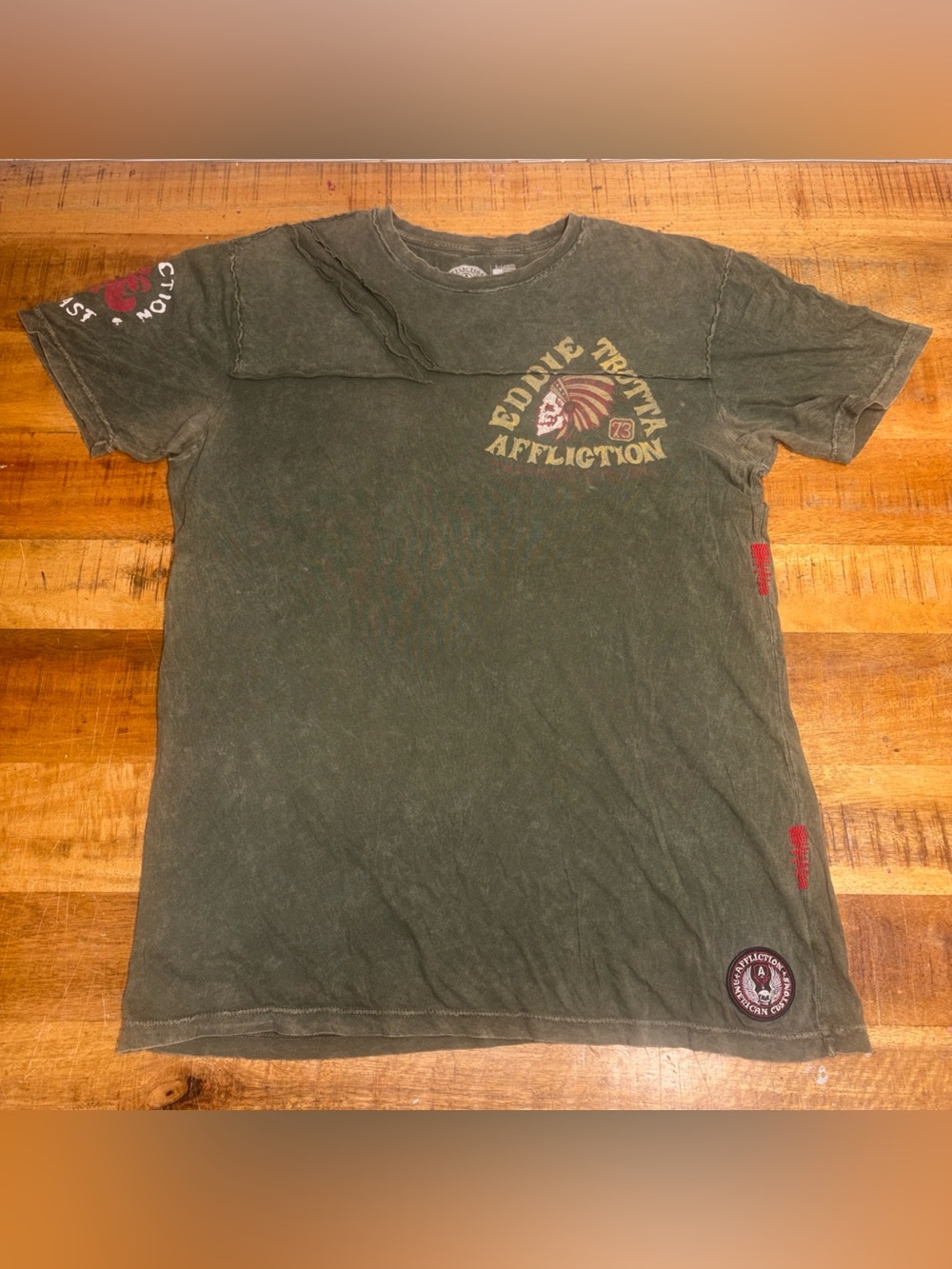 Affliction Mens X Large Live Fast Eddie Trotta Green Faded T Shirt Short Sleeve